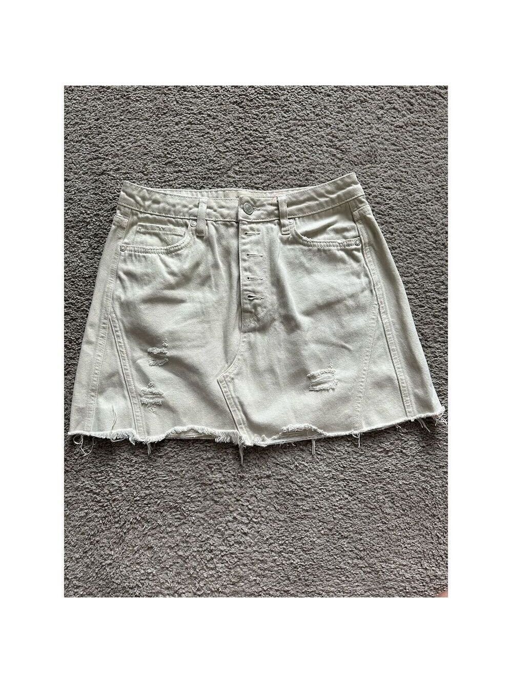 We The Free Women's Khaki Denim Mini Skirt Size 28 Casual Distressed EUC